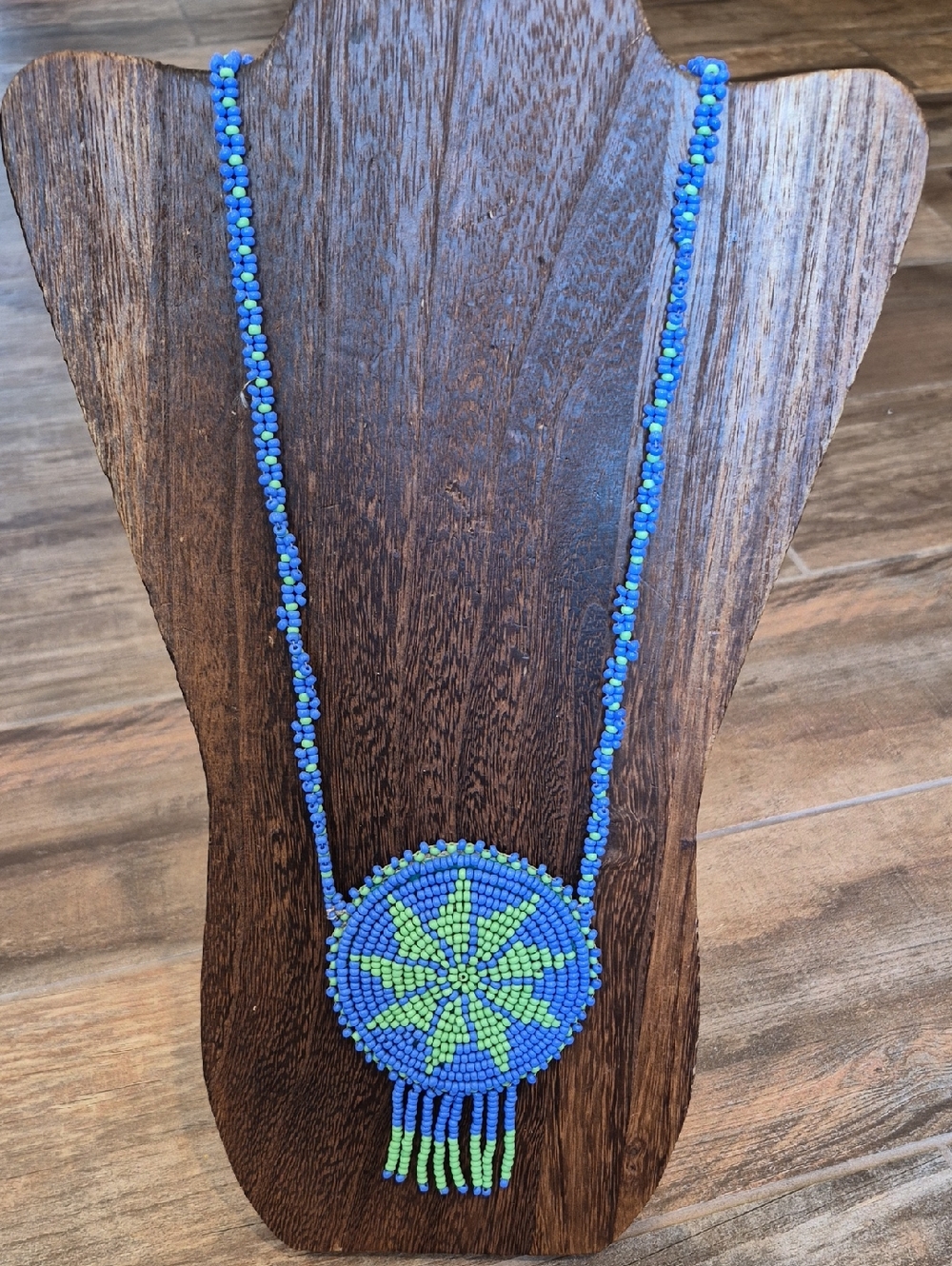 Vtg Seed Bead Medallion Pendant Necklaces, Blue, Green Yellow, & Black - Picture 4 of 13
